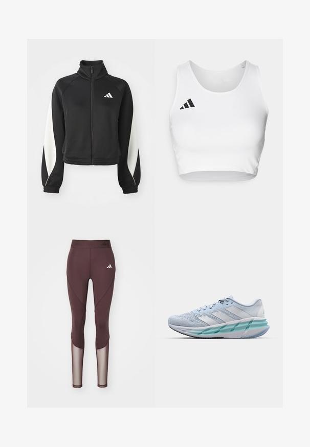 Veste de sport noire zippée avec des accents blancs, col montant et poignets ajustés. Fabriquée en tissu lisse avec un logo sur le côté supérieur gauche.; Top de sport blanc en tissu lisse, avec un col rond et un accent de logo noir sur le côté gauche.; Leggings de sport bordeaux avec des panneaux en mesh, design ajusté et taille élastique. Présente un logo blanc sur la cuisse gauche et des détails de coutures.; Baskets de sport bleu clair avec un dessus en tricot texturé, des accents blancs et une semelle intermédiaire transparente verte. Bout arrondi et col rembourré.