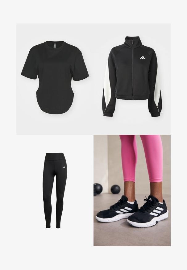 Svart sporty zip-up jakke med hvite aksenter, høy krage og tettsittende mansjetter. Laget av glatt stoff med en logo på øvre venstre side.; Svart T-skjorte med kort erme laget av bomull. Rund hals med buet kant og sidespalter. Glatt tekstur, avslappet passform.; Sorte treningsleggings med høy midje. Laget av elastisk stoff med en hvit logo detalj på øvre venstre side.; Svarte treningssko med hvite striper, teksturert mesh-overdel og hvit såle. Brukt med rosa leggings, som viser frem treningsklær.