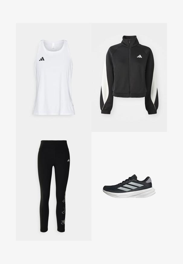 Giacca da atletica nera con zip e accenti bianchi, colletto alto e polsini aderenti. Realizzata in tessuto liscio con un logo sul lato sinistro superiore.; Canotta atletica bianca con scollo arrotondato e spalline larghe. Presenta un logo nero con tre strisce sul lato sinistro del petto.; Leggings neri realizzati in materiale elastico, con vita alta e un logo riflettente sull'anca, accompagnati da un design geometrico accento sulla gamba.; Scarpa da corsa nera con tomaia in mesh, tre strisce argentate, intersuola bianca e suola testurizzata. Presenta un colletto imbottito e chiusura con lacci.