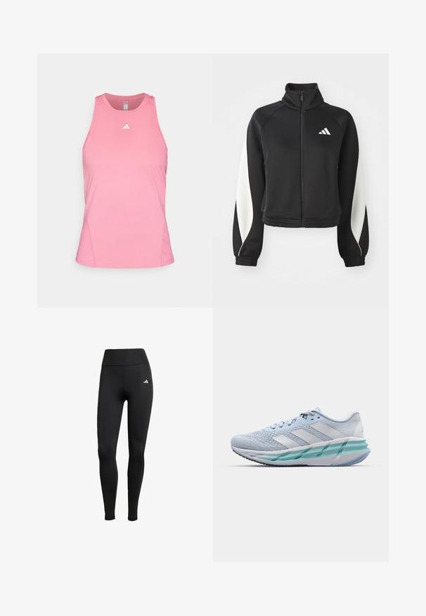 Giacca da atletica nera con zip e accenti bianchi, colletto alto e polsini aderenti. Realizzata in tessuto liscio con un logo sul lato sinistro superiore.; Canotta sportiva rosa realizzata in tessuto traspirante. Presenta un collo rotondo e un design senza maniche, con un piccolo logo bianco sul petto.; Leggings sportivi neri con vita alta. Realizzati in tessuto elastico con un dettaglio del logo bianco sulla parte superiore sinistra.; Scarpe da ginnastica azzurro chiaro con tomaia in maglia testurizzata, accenti bianchi e suola intermedia verde trasparente. Punta rotonda e colletto imbottito.