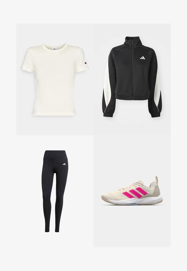 Schwarze sportliche Zip-Jacke mit weißen Akzenten, hohem Kragen und enganliegenden Manschetten. Hergestellt aus glattem Material mit einem Logo auf der oberen linken Seite.; Cremefarbenes T-Shirt mit kurzen Ärmeln aus Baumwolle, mit Rundhalsausschnitt und gesticktem Logo auf dem linken Ärmel. Glatte Textur, klassischer Schnitt.; Schwarze Leggings aus elastischem Material mit hohem Bund und kleinem weißen Logo, mit einer glatten, matten Oberfläche.; Beige Sportsschuh mit pinkem Dreistreifen-Logo, strukturiertem Mesh-Obermaterial, gepolstertem Schaft und weißer Gummisohle, mit "LIGHTSTRIKE"-Branding.