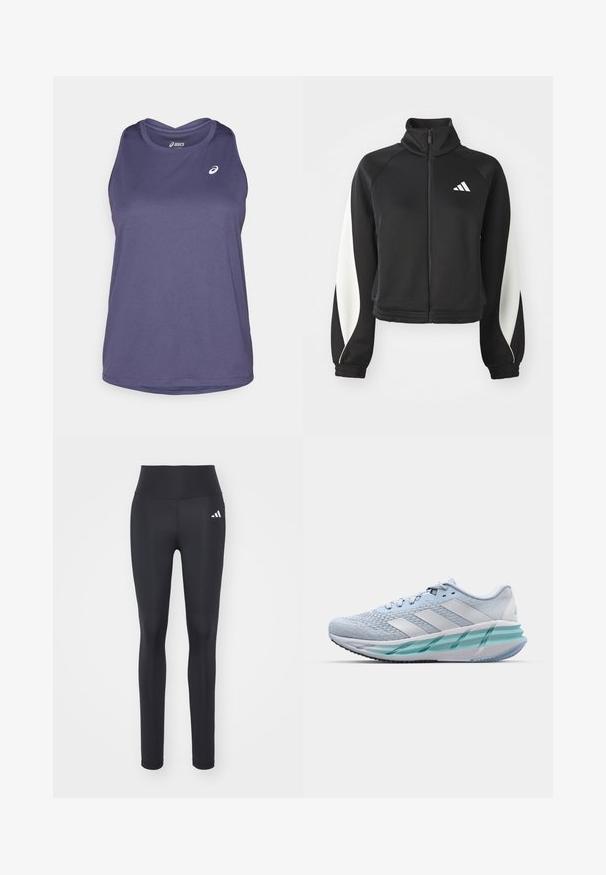 Chaqueta deportiva negra con cremallera y detalles en blanco, cuello alto y puños ajustados. Fabricada con un tejido suave que lleva un logo en la parte superior izquierda.; Top deportivo sin mangas de color púrpura, hecho de una tela liviana, con un escote redondeado y un sutil logo de la marca en el frente.; Leggings deportivos negros hechos de una tela elástica, con una cintura alta y un logo de la marca en blanco en la cadera izquierda.; Zapatillas deportivas azul claro con un upper de punto texturizado, acentos blancos y una suela intermedia verde transparente. Punta redondeada y cuello acolchado.