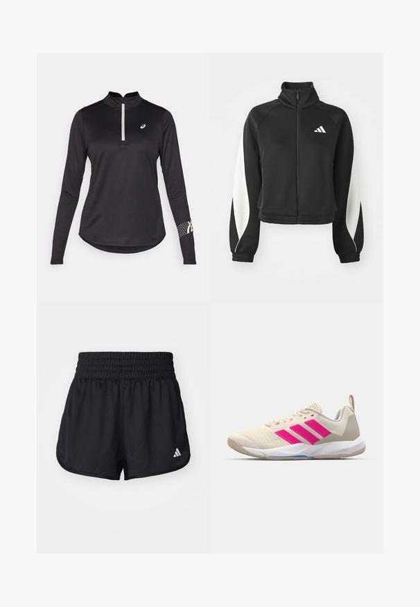 Sort atletisk zip-jakke med hvide detaljer, høj krave og tætsiddende manchetter. Fremstillet af glat stof med et logo øverst til venstre.; Sort langærmet atletisk top med halvlange lynlås krave, struktureret stof, og et prikket mønster på højre ærme med logo accenter.; Sorte træningsshorts med en elastisk, samlet talje og et hvidt logo på den nederste højre side. Glat, let materiale.; Beige sportsko med pink tre-stribede logo, tekstureret mesh overdel, polstret krave og hvid gummisål, med "LIGHTSTRIKE" branding.