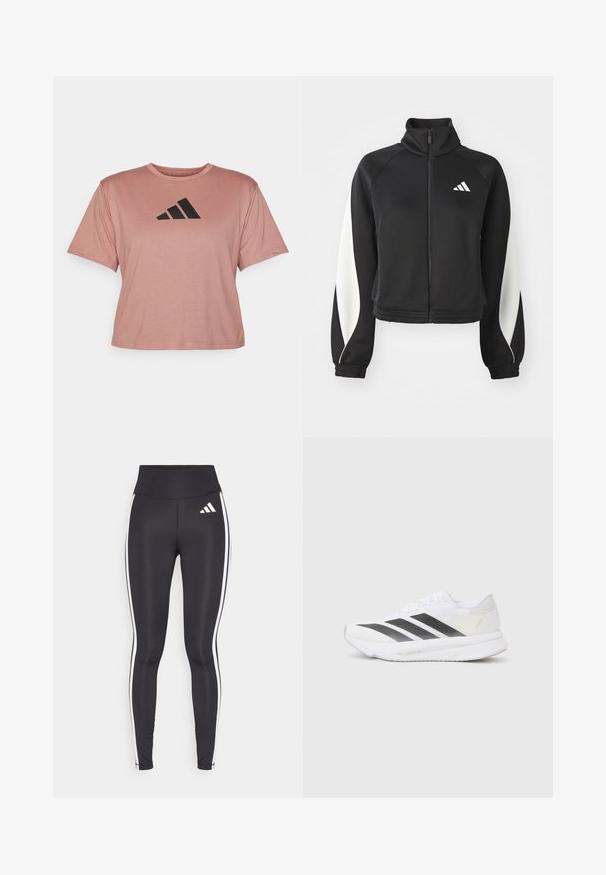 Jaqueta desportiva preta com fecho éclair, detalhes brancos, colarinho alto e punhos ajustados. Feita de tecido liso com um logótipo no lado superior esquerdo.; adidas Performance WE TEE - T-shirt estampada - warm clay; Leggings pretos com cintura alta, apresentando listras laterais brancas e um pequeno logotipo branco na parte superior da coxa esquerda. Feitas de material liso e elástico.; Shoe atlético branco com riscas diagonais pretas, parte superior em malha, bico arredondado e sola texturizada. Os destaques incluem um calcanhar prateado e um design minimalista.