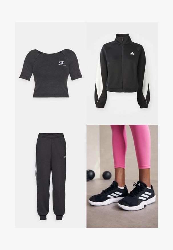 Černá sportovní bunda na zip s bílými detaily, vysokým límcem a úzkými manžetami. Vyrobena z hladkého materiálu s logem na levé horní straně.; Černé žebrované krátké tričko s krátkým rukávem, zkráceného střihu, s kulatým výstřihem a bílou vyšitou logem na levé straně hrudi a rukávu.; Černé sportovní kalhoty s elastickým pasem, zúženými kotníky a bílými bočními pruhy. Vyrobené z měkké tkaniny s hladkou strukturou.; Černé sportovní boty s bílými pruhy, texturovaný síťovinový svršek a bílá podrážka. Nosené s růžovými legínami, které předvádějí tréninkové oblečení.