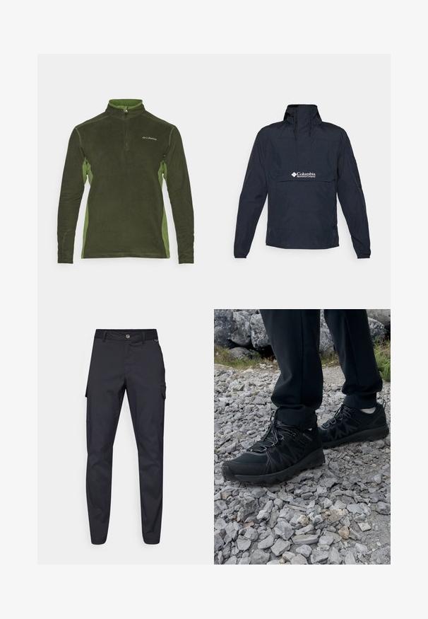 Námořnický modrý anorak vyrobený z lehkého materiálu, s vysokým límcem, přední kapsou a logem na oblasti hrudi. Součástí jsou i dlouhé rukávy.; Zelený fleecový pulovr s límcem na zip, se tmavšími zelenými bočními panely a logem na hrudi. Měkká textura a dlouhé rukávy.; Bílá bavlněná tričko s krátkými rukávy, kulatým výstřihem a malým černým logem Columbia na levém hrudi. Měkký, obyčejný design.; Námořnické cargo kalhoty z odolné látky, s knoflíkovým zapínáním, pěti kapsami a zúženými nohavicemi s jemnou texturou.; Černé venkovní boty z prodyšného a syntetického materiálu, s texturovaným svrškem, bezpečným šněrovacím systémem a robustní podrážkou, na skalnatém terénu.