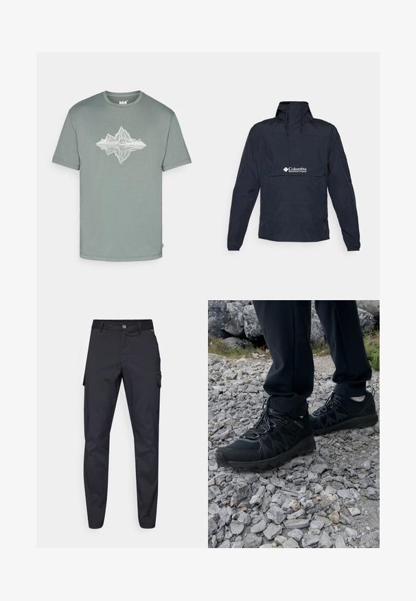 Námořnický modrý anorak vyrobený z lehkého materiálu, s vysokým límcem, přední kapsou a logem na oblasti hrudi. Součástí jsou i dlouhé rukávy.; Helly Hansen SKOG GRAPHIC - Triko s potiskem - grey cactus; Námořnické cargo kalhoty z odolné látky, s knoflíkovým zapínáním, pěti kapsami a zúženými nohavicemi s jemnou texturou.; Černé venkovní boty z prodyšného a syntetického materiálu, s texturovaným svrškem, bezpečným šněrovacím systémem a robustní podrážkou, na skalnatém terénu.