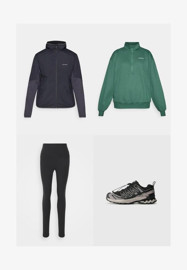 Mørkeblå isoleret jakke med høj krave, lynlåslukning og to sidelommer. Ærmerne har kontrasterende teksturerede paneler. Vandtæt materiale.; Grøn halv-zip pullover sweatshirt lavet af blødt materiale, med stående krave og elastiske manchetter. Columbia-logo på den øverste venstre bryst.; Højtaljede sorte leggings lavet af strækbart stof, med en glat overflade og fuldlængde design med en tætsiddende silhuet.; Sort og grå atletiksko med overdel i mesh, gummisål og elastisk snøresystem. Har forstærket tå og teksturerede detaljer.