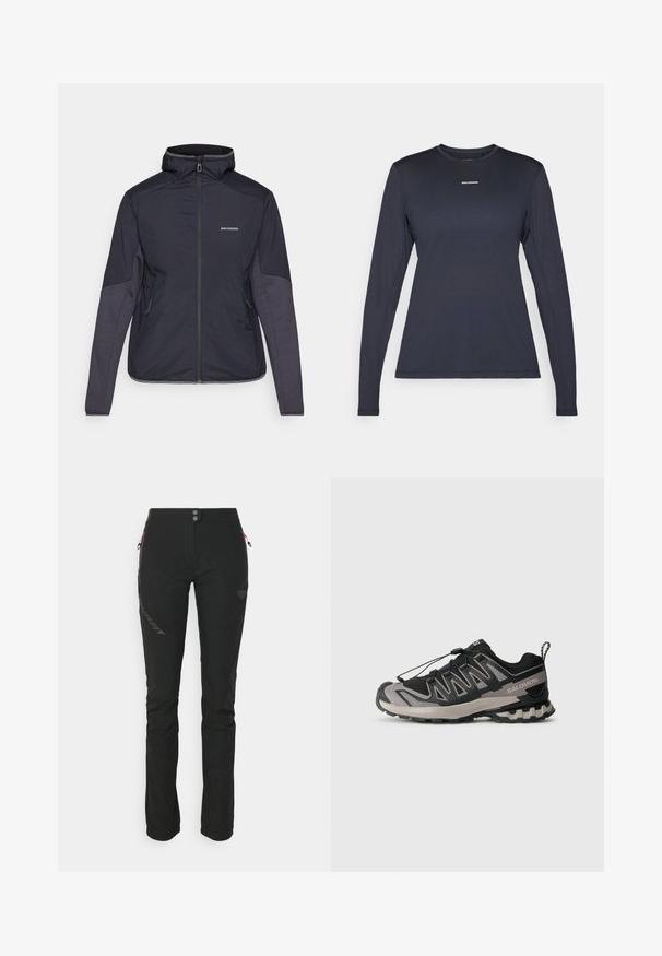 Tumši zilā izolētā jaka ar augstu apkakli, ar rāvējslēdzēja aizdari un divām sānu kabatām. Piedurkņu daļā ir kontrastējoši teksturēti paneļi. Ūdensnecaurlaidīgs materiāls.; Jūras zila sportiskā krekla ar garām piedurknēm ar apaļu kakla izgriezumu, izgatavots no strukturēta materiāla; uz krūtīm ir neliels balts "Salomon" logotips.; Melnas āra bikses, izgatavotas no elastīga auduma ar šauru piegriezumu. Aprīkotas ar divām kabatām ar rāvējslēdzējiem, logotipa detaļu un kontrastējošām rozā rāvējslēdzēju akcentām.; Melnas un pelēkas sporta apavus ar sietveida augšdaļu, gumijas zoli un elastīgu šņorēšanas sistēmu. Iespējama pastiprināta purngala un teksturēti akcenti.