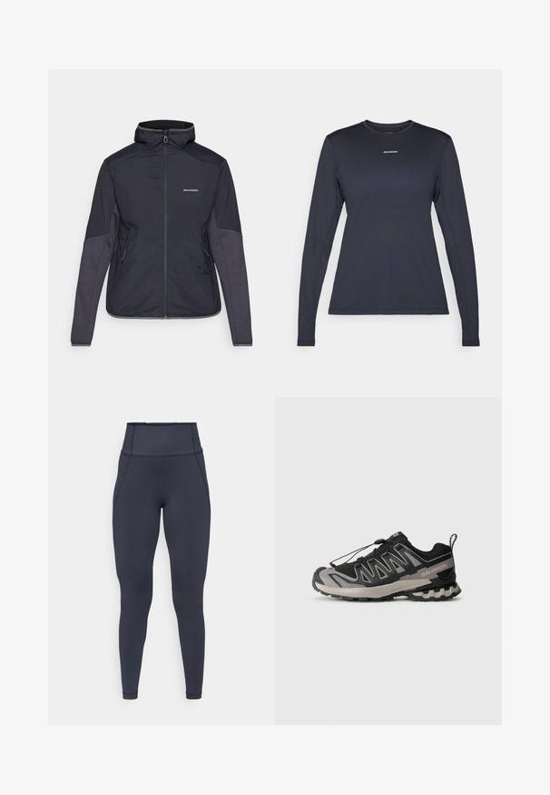 Temno modra izolirana jakna z visokim ovratnikom, zadrgo in dvema stranskima žepekoma. Rokavi imajo kontrastne teksturirane panele. Vodoodporen material.; Mornarska dolgih rokavov športna majica z okroglo izrezom, izdelana iz teksturiranega materiala; ima majhen bel "Salomon" logotip na prsih.; Visoko pasovana, temno siva dolga legginga z vidnimi šivi in gladko, raztegljivo teksturo.; Črne in sive športne čevlje z mrežasto zgornjim delom, gumijastim podplatom in elastiko za vezalke. Imajo ojačan prst in teksturirane detajle.