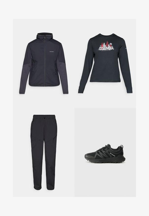 Σκούρο μπλε μόνωση μπουφάν με ψηλό γιακά, κλείσιμο με φερμουάρ και δύο πλάγιες τσέπες. Τα μανίκια διαθέτουν αντίθεση υφής. Αδιάβροχο υλικό.; Μακρυμάνικο σκούρο γκρι πουκάμισο με γραφικό κόκκινων δέντρων και βουνών; το λογότυπο "COLUMBIA" σε έντονο λευκό κείμενο. Μαλακό ύφασμα, τυπικός στρογγυλός λαιμός.; Μαύρα cargo παντελόνια με ελαστική μέση, πολλαπλές τσέπες με φερμουάρ και ραφές σε πάνελ για επιπλέον υφή και σχεδίαση.; Columbia PEAKFREAK - Παπούτσια πεζοπορίας - black