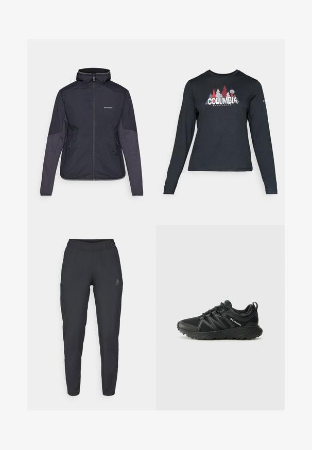 Tumši zilā izolētā jaka ar augstu apkakli, ar rāvējslēdzēja aizdari un divām sānu kabatām. Piedurkņu daļā ir kontrastējoši teksturēti paneļi. Ūdensnecaurlaidīgs materiāls.; Tumšs pelēks krekls ar garām piedurknēm, ar grafiku, kurā attēloti sarkani koki un kalni; "COLUMBIA" logo treknā baltā tekstā. Mīksta auduma, standarta apaļa kakla izgriezums.; Melnas sporta bikses, kas izgatavotas no mīkstas auduma; piedāvā elastīgu jostasvietu, sašaurinātas kājas un sānu kabatas, ar logotipu kreisajā augšstilbā.; Columbia PEAKFREAK - Pārgājienu apavi - black