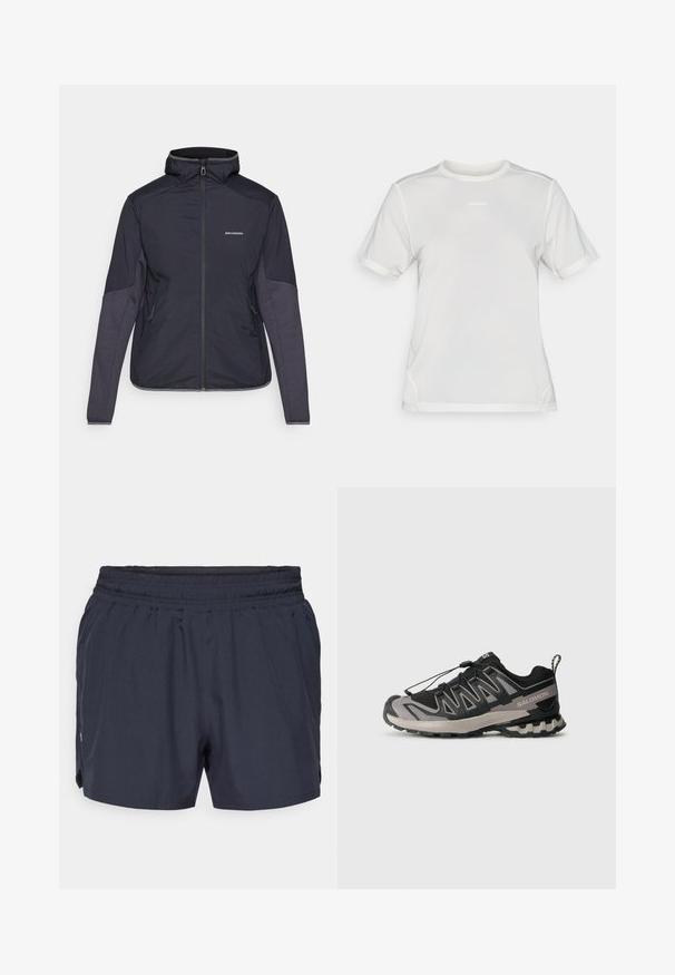 Tume sinine isoleeritud jakk kõrge kraega, tõmblukk ja kaks küljetaskut. Varrukatel on kontrastsete tekstuuripaneelide lisad. Veekindel materjal.; Valge lühikeste varrukatega sportlikest võrkkanga särk, ümar kaelus ja väike "Salomon" logo keskel rinnal.; Tumed sinised sportlikud lühikesed püksid elastsest vööst, volditud disainiga ja küljetaskutega. Valmistatud kergest ja hingavast kangast.; Must mustriline ja hallid spordijalatsid, millel on võrgu ülemine osa, kummist põhi ja elastne nööri süsteem. Omab tugevdatud varvaskatet ja tekstuursete aktsentidega detaile.