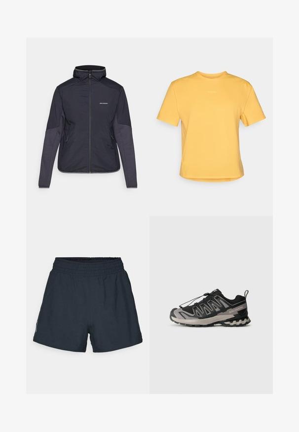 Dunkelblaue isolierte Jacke mit hohem Kragen, Reißverschluss und zwei Seitentaschen. Die Ärmel verfügen über kontrastierende, gestrickte Einsätze. Wasserdichtes Material.; Gelbes T-Shirt mit kurzen Ärmeln und rundem Ausschnitt, aus weichem Stoff gefertigt. Verfügt über ein dezentes Logo auf der Brust und einen geraden Saum.; Dunkelblaue Athletik-Shorts aus leichtem Material. Elastischer Bund, lockere Passform und keine sichtbaren Taschen oder Muster.; Schwarzer und grauer Sportschuh mit einem Obermaterial aus Mesh, Gummisohle und elastischem Schnürsystem. Verfügt über eine verstärkte Zehenkappe und strukturierte Akzente.