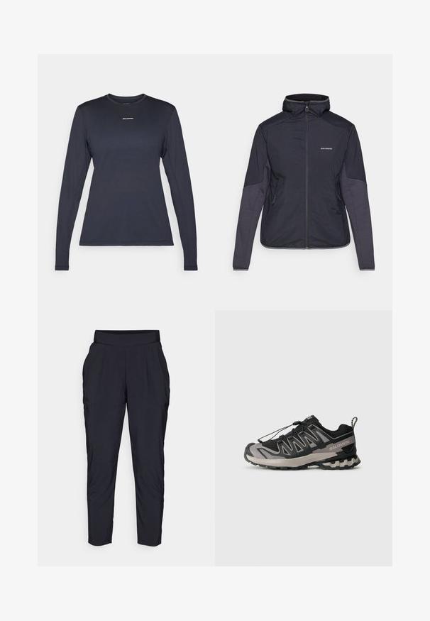 Donkerblauwe geïsoleerde jas met een hoge kraag, ritsluiting en twee zijzakken. Mouwen hebben contrasterende gestructureerde panelen. Waterdicht materiaal.; Marineblauw sportshirt met lange mouwen en een ronde hals, gemaakt van textuurmateriaal; heeft een klein wit "Salomon" logo op de borst.; Zwarte taps toelopende broeken met een brede, elastische tailleband, voorplooien en zijzakken. Gemaakt van een gladde, lichtgewicht stof.; Zwart en grijs sportieve schoen met een bovenwerk van mesh, rubberen zool en een elastisch vetersysteem. Heeft een verstevigde neus en textuuraccenten.