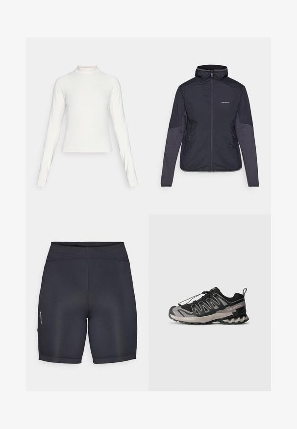 Tummansininen eristetty takki, jossa on korkea kaulus, vetoketjukiinnitys ja kaksi sivutaskua. Hihoissa on kontrastiväriset rakenteelliset paneelit. Vesitiivis materiaali.; Pitkähiha valkoinen urheilu paita, jossa on korkea kaulus ja pieni keskellä oleva logo rinnassa, esitetty yksinkertaisella taustalla.; Mustat urheilushortsit, joissa on sileä ja joustava kangas. Varustettu korkealla vyötäröllä ja logo-yksityiskohdilla sivuilla. Yksinkertainen, tyylikäs muotoilu.; Mustat ja harmaat urheilukengät, joissa on verkkosukkula, kumipohja ja joustava nauhajärjestelmä. Ominaisuuksiin kuuluu vahvistettu kärki ja teksturoidut yksityiskohdat.