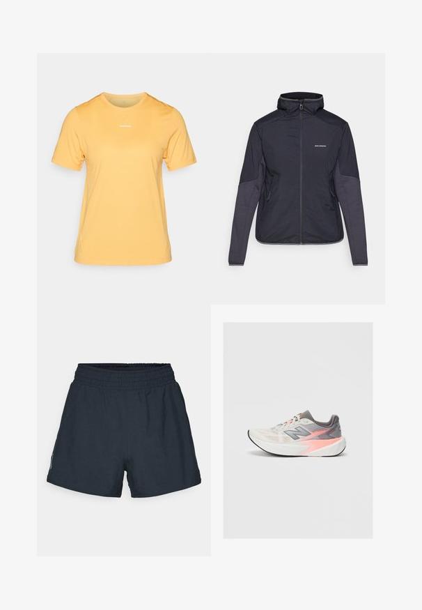 Tume sinine isoleeritud jakk kõrge kraega, tõmblukk ja kaks küljetaskut. Varrukatel on kontrastsete tekstuuripaneelide lisad. Veekindel materjal.; Kollane lühikeste varrukatega sportlik t-särk, mis on valmistatud hingavast kangast, omades ümardatud kaelust ja väikest valget logo esiküljel.; Tume meresinine sportlikud lühikesed püksid, mis on valmistatud kergest kangast. Painduva vöökoht, lahtine istuvus ja ilma nähtavate taskute või mustriteta.; Helehall halli ja roosa New Balance jooksejalats, millel on paks valge tald ja must kulumiskindel välistald, külgvaade ühtlasel taustal.