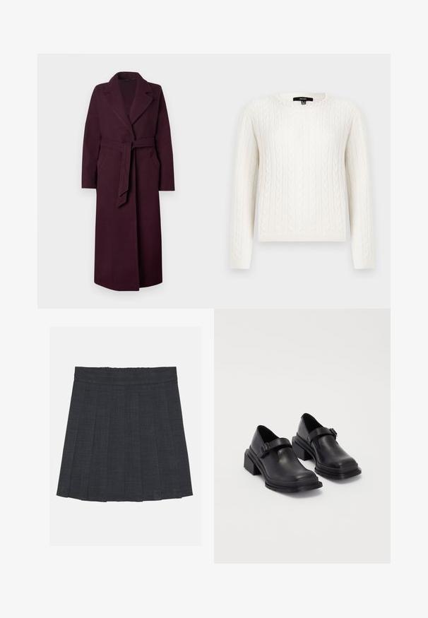 Manteau long en laine violet foncé avec de larges revers, des poches latérales et une ceinture en tissu assorti nouée à la taille sur un fond uni.; Pull en maille blanche avec des manches longues, un col rond et un accent décoratif en perles au niveau du col. Texture douce et design ajusté.; Jupe plissée gris foncé avec une taille élastique, dotée d'un tissu texturé et d'une silhouette A-line classique. Convient pour une tenue décontractée.; Chaussures en cuir noir avec un bout arrondi, semelle plate et une sangle avec une boucle décorative. Talon épais pour plus de stabilité.