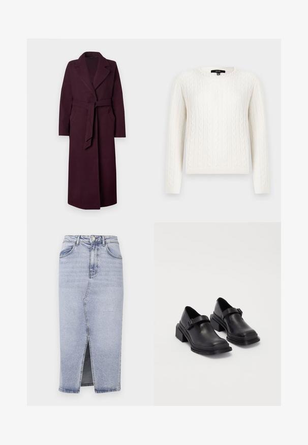 Hosszú, sötét lila gyapjú kabát széles hajtókákkal, oldalsó zsebekkel és derékon megkötött, azonos anyagú övvel, egy sík háttér előtt.; Fehér, kötött pulóver, hosszú ujjal, kerek dekoltázzsal és dekoratív gyöngyös díszítéssel a galléron. Puha tapintású és testhezálló fazon.; Világoskék farmer szoknya magas derékkal, egyenes szabással, elülső hasítékkal és két hátsó zsebbel. Gombos záródással és diszkrét varrási részletekkel rendelkezik.; Fekete bőr cipők lekerekített orral, lapos talppal és csattal díszített pánttal. Masszív blokk talp a megnövelt stabilitásért.