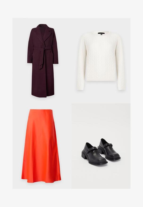 Duga tamno ljubičasta vunena kaput s širokim reverima, bočnim džepovima i remenom od istog materijala zavezanim u struku, na jednoličnoj pozadini.; Bijela pletiva s uzorkom, dugih rukava, okruglog izreza, s ukrasnim bisernim detaljem na ovratniku. Mekana tekstura i prilagođeni dizajn.; Crvena saten midi suknja s glatkom teksturom, A-linijskim siluetom i suptilnim izrezom na rubu. Nema vidljivih uzoraka ili ukrasa.; Crne kožne cipele s okruglim vrhom, ravnim đonom i remenom s detaljem kopče. Debeli blok peti za dodatnu stabilnost.