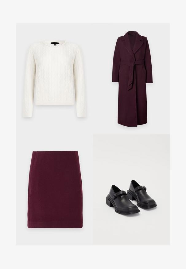 Garšs tumši violetas krāsas vilnas mētelis ar plašajiem atloka galiem, sānu kabatām un atbilstoša auduma jostu, kas sasieta viduklī uz vienkārša fona.; Balts adīts džemperis ar garām piedurknēm, apaļu kaklu un dekoratīvu pērļu akcentu pie apkakles. Mīksta tekstūra un pieguloša fasona.; Vero Moda VMFORTUNALLISON SHORT - A-silueta svārki - winetasting; Melnas ādas kurpes ar noapaļotu purngalu, plakanu zoli un siksniņu ar sprādzi. Masīvs bloku papēdis papildu stabilitātei.