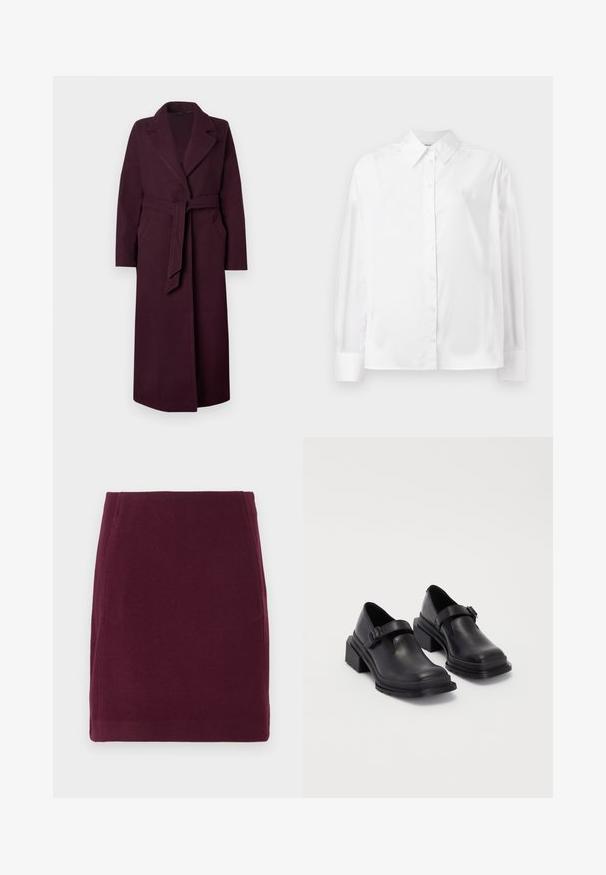 Langer, dunkelvioletter Wollmantel mit breiten Revers, seitlichen Taschen und einem passendem Stoffgürtel, der in der Taille gebunden ist, vor einem schlichten Hintergrund.; Weißes Langarm-Hemd mit Knopfverschluss aus einer glatten Baumwollmischung. Verfügt über einen klassischen Kragen, eine Frontknopfverschluss und abgerundete Manschetten.; Vero Moda VMFORTUNALLISON SHORT - A-Linien-Rock - winetasting; Schwarze Lederhalbschuhe mit runder Zehenpartie, flacher Sohle und einem Riemen mit Schnallen-Detail. Robuster Blockabsatz für zusätzliche Stabilität.
