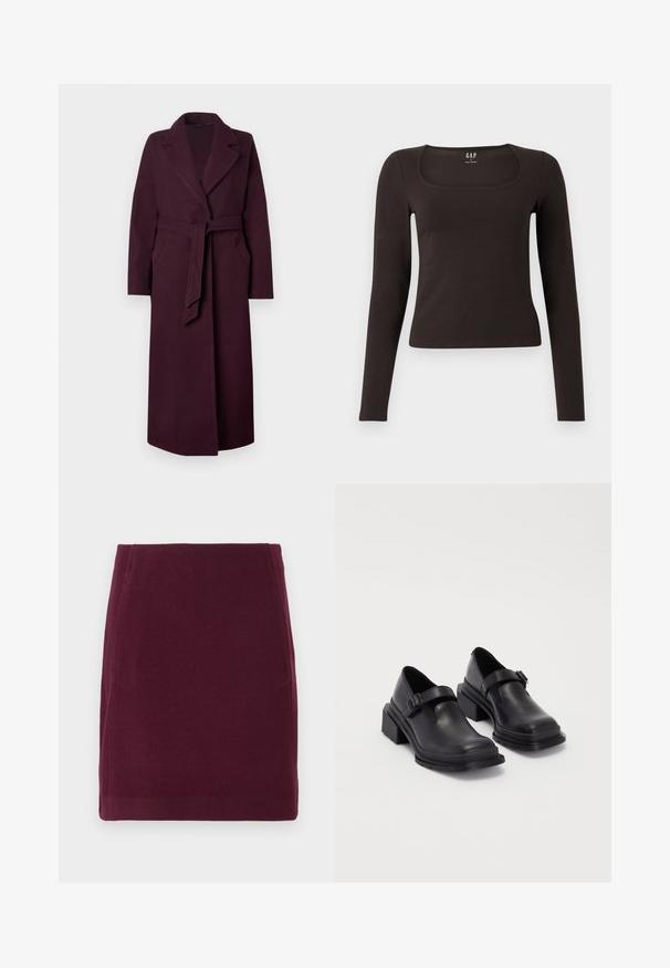 Manteau long en laine violet foncé avec de larges revers, des poches latérales et une ceinture en tissu assorti nouée à la taille sur un fond uni.; Haut noir à manches longues, ajusté, avec un décolleté carré, étiqueté GAP, affiché sur un fond blanc.; Vero Moda VMFORTUNALLISON SHORT - Jupe trapèze - winetasting; Chaussures en cuir noir avec un bout arrondi, semelle plate et une sangle avec une boucle décorative. Talon épais pour plus de stabilité.