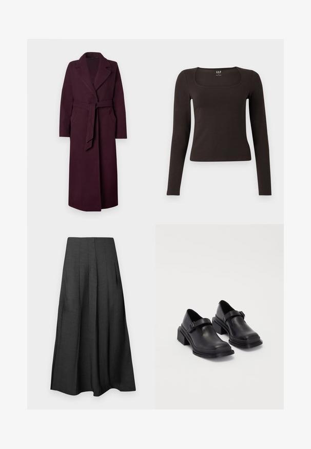 Casaco longo de lã roxa escura com lapelas largas, bolsos laterais e um cinto de tecido a condizer atado na cintura, contra um fundo simples.; Top preto de mangas longas, ajustado, com decote quadrado, da marca GAP, exibido sobre um fundo branco.; Saia midi plissada preta, feita de um tecido leve com uma textura suave; possui bolsos laterais e uma silhueta fluida.; Sapatos de couro pretos com um bico redondo, sola plana e uma fita com detalhe de fivela. Salto bloco robusto para maior estabilidade.
