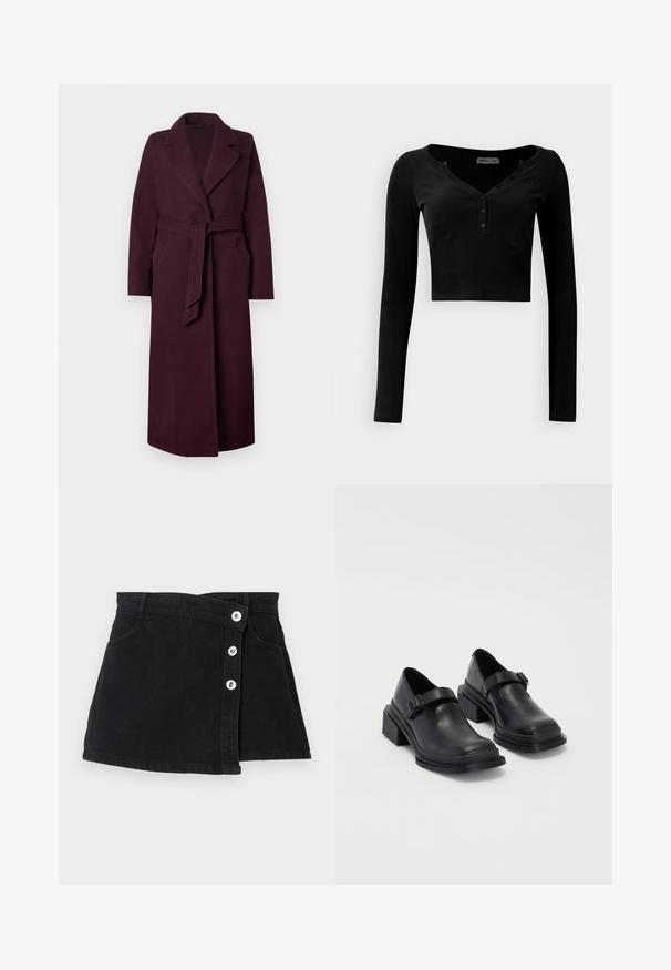 Hosszú, sötét lila gyapjú kabát széles hajtókákkal, oldalsó zsebekkel és derékon megkötött, azonos anyagú övvel, egy sík háttér előtt.; Fekete, ribbed anyagú, cropped hosszú ujjú felső V kivágással és három gombos záródással az elején.; Magas derékkal rendelkező fekete farmer szoknya, betekert dizájnnal, az egyik oldalon öt ezüst gombbal és két oldalsó zsebbel. Simább textúrájú.; Fekete bőr cipők lekerekített orral, lapos talppal és csattal díszített pánttal. Masszív blokk talp a megnövelt stabilitásért.