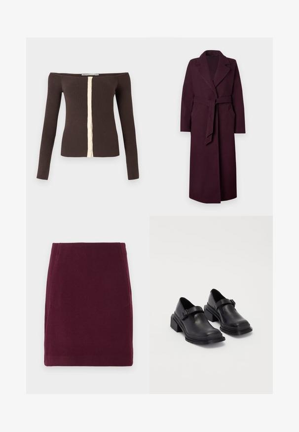 Pikk tume lilla villane kasukas, millel on laiad kraed, küljetaskud ja sobivatest kangast vöö, mis on kinni seotud vöökohal, lihtsa tausta ees.; Õlgadest paljastav soonikkoes pikad varrukad tumedat pruunikat värvi koos kreemja nööpidega keset esiosa.; Vero Moda VMFORTUNALLISON SHORT - A-lõikeline seelik - winetasting; Mustad mustad jalanõud ümmarguse varbaga, tasase tallaga ja kinnitusega rihmaga, millel on pandla detail. Suure plokknina, mis tagab lisastabiilsuse.