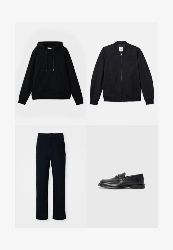 Laivasto sininen pommijakku, joka on valmistettu sileästä kankaasta. Jakussa on vetoketju edessä, ribbaatut hihansuut ja kaksi sivutaskua. Pyöreä pääntie ilman huppua.; Musta huppari, joka on valmistettu puuvillasta. Sen ominaisuuksiin kuuluvat etutasku, säädettävät nauhat, ribbaatut hihansuut ja rento istuvuus. Rintapaidassa on teksti-logo.; Tummansinisiä puuvillapantaloonia, joissa on suora lahjemuotoilu, etupainikekiinnitys ja klassinen vyötärö vyölenkeillä.; Mustat nahkaiset loaferit, joissa on pyöreä varvas, tikatut yksityiskohdat ja pieni kultainen yksityiskohta edessä. Pohja on litteä ja huomaamaton.