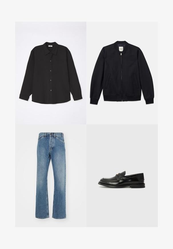 Tumesinine pommitamismantel, mis on valmistatud siledast kangast, esise rihmaga, ribadega mansettidega ja kahe küljetaskuga. Ümar kaelaauk ilma kapuutsita.; sandro JOKER - Pluus - noir; Sinine denim-stiilis sirge jala disainiga teksapüksid, heledat värvi, viie taskuga, metallitsooniga nupuga ja õmmeldud detailidega vöökoht.; Must must tömbiga, ümmarguse varbaga must nahast loafers, dekoratiivse õmblusega ja väikese esise palakaga. Lame kummist tald, millel on minimaalne kand.