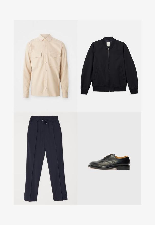 Marine bomberjack gemaakt van gladde stof met een rits aan de voorkant, ribgebreide manchetten en twee zijzakken. Ronde halslijn zonder capuchon.; Beige langeshirt van geweven stof, met twee borstzakken, een puntkraag en knoopsluiting aan de voorkant. Gladde textuur.; Marineblauwe broeken met een elastische tailleband en koord. Voorzien van twee voorplooien en taps toelopende benen voor een gestructureerd silhouet.; Zwarte leren nette schoen met een gladde afwerking, ronde neus en minimale veters. Beschikt over een subtiel ontwerp en een lage, stevige rubberen zool.