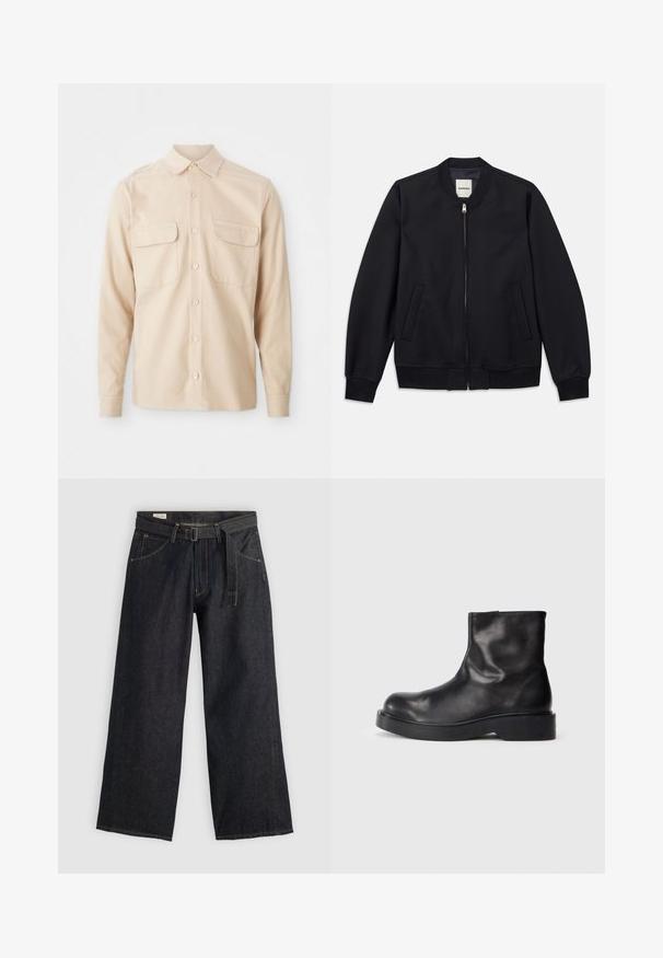 Jūrinis bombonešis, pagamintas iš lygaus audinio, su priekiniu užtrauktuku, pūsto paviršiaus rankovėmis ir dviem šoninėmis kišenėmis. Apvalus iškirptės kraštas be kapucho.; Smėlio spalvos ilgomis rankovėmis marškiniai, pagaminti iš audinės, su dviem krūtinės kišenėmis, smailiu apykakle ir sagčių uždarymu priekyje. Glotnus paviršius.; Tamsaus džinsinio audinio plačių kojų kelnės su dirželiu juosmens srityje, turinčios priekinės kišenes ir kontrastingą siuvinėjimą. Sklandus paviršius su tvarkingu dizainu.; Juodos odinės nėriniuotos aulinės botai su apvalia nosimi, lygia tekstūra ir masyviu juodu guminio pado. Minimalistinis dizainas be matomų detalių.