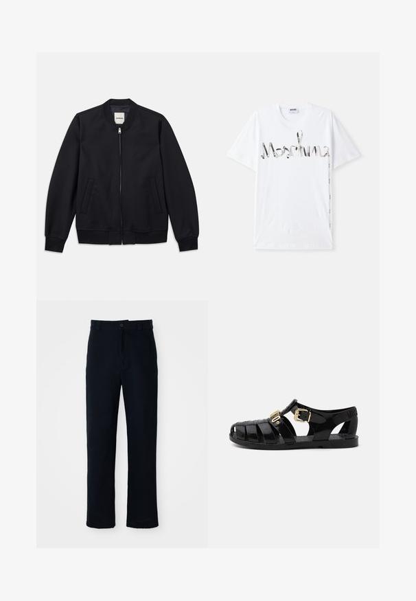 Mornarska pomorska jakna iz gladkega materiala z zadrgo spredaj, rebrastimi manžetami in dvema stranskima žepoma. Okrogla izrezana vrhnja oblačila brez kapuce.; Bela bombažna majica s kratkimi rokavi, ki ima grafični logotip v črni in srebrni barvi, ki spominja na trak. Oblikovana je z okroglo ovratnikom.; Temno modri hlače iz bombaža, s ravnim krojem, sprednjim gumbom in klasičnim pasom z zankami za pas.; Črne gumijaste sandale s izrezljanim dizajnom, s pozlačenim zapiranjem in teksturirano notranjostjo. Znak na peti.