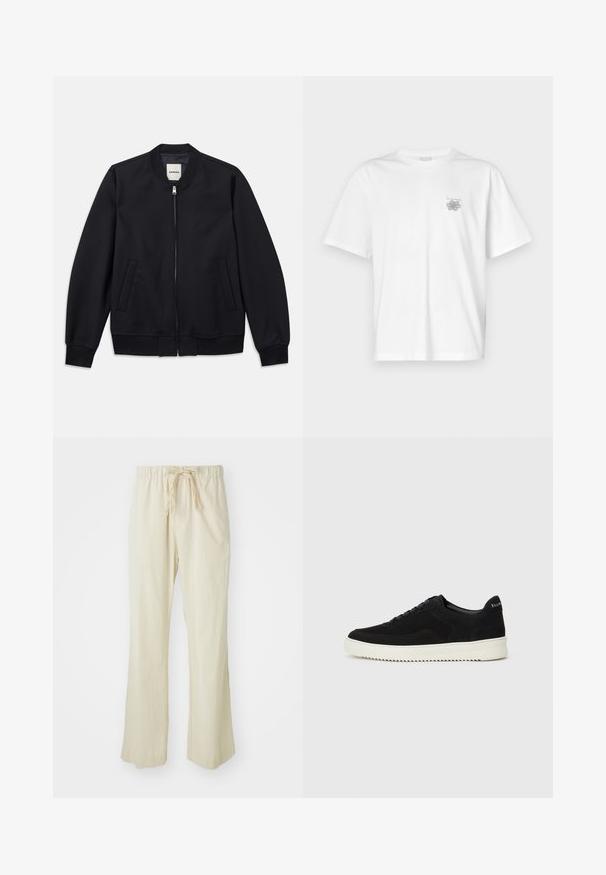 Jūrinis bombonešis, pagamintas iš lygaus audinio, su priekiniu užtrauktuku, pūsto paviršiaus rankovėmis ir dviem šoninėmis kišenėmis. Apvalus iškirptės kraštas be kapucho.; Balta medvilninė marškinėlių, su trumpomis rankovėmis, apykaklė nei per aukšta, nei per žema, ir mažas pilkas logotipas kairėje krūtinės pusėje. Lygi tekstūra.; Šviesiai rudi, laisvai krintantys kelnių pagaminti iš lengvos medžiagos. Turi elastinį juosmenį su raišteliu ir išplatintą kelnių dizainą.; Juodos veliūrinės sportinės bateliai su raištelių dizainu ir kontrastinga balta gumine padais. Yra tekstūruoti šoniniai skydeliai ir subtilus logotipas ant kulno.