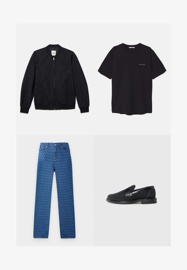 Chaqueta bomber navy hecha de una tela suave con cierre frontal, puños acanalados y dos bolsillos laterales. Cuello redondo sin capucha.; Camiseta de algodón negra con cuello redondo, mangas cortas y un estampado de logo blanco en el lado izquierdo del pecho. Diseño simple y de color sólido.; Jeans de mezclilla azul con un patrón texturizado repetido, diseño de cinco bolsillos y cierre de botón en la cintura. Corte recto.; Zapato negro de tejido con un acento de cuero suave en la parte superior, diseño de punta redonda y suela de goma de perfil bajo.