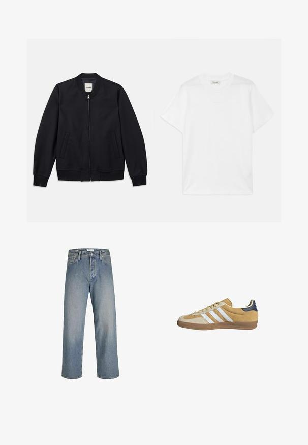 Námořnická bombardérka vyrobená z hladkého materiálu s předním zipem, žebrovanými manžetami a dvěma bočními kapsami. Kulatý výstřih bez kapuce.; Bílý bavlněný tričko s kulatým výstřihem, krátkými rukávy a jemným logem potisknutým na přední straně. Hladká textura a jednoduchý design.; Světlé modré džínové kalhoty s volným střihem, vysokým pasem a rovnými nohavicemi. Obsahují přední kapsy a kovové zapínání na knoflík.; Světlé semišové sportovní boty s bílými pruhy, gumovou podešví a námořnickým akcentem na patě. Nízký profil s kulatou špičkou a textured vrškem.