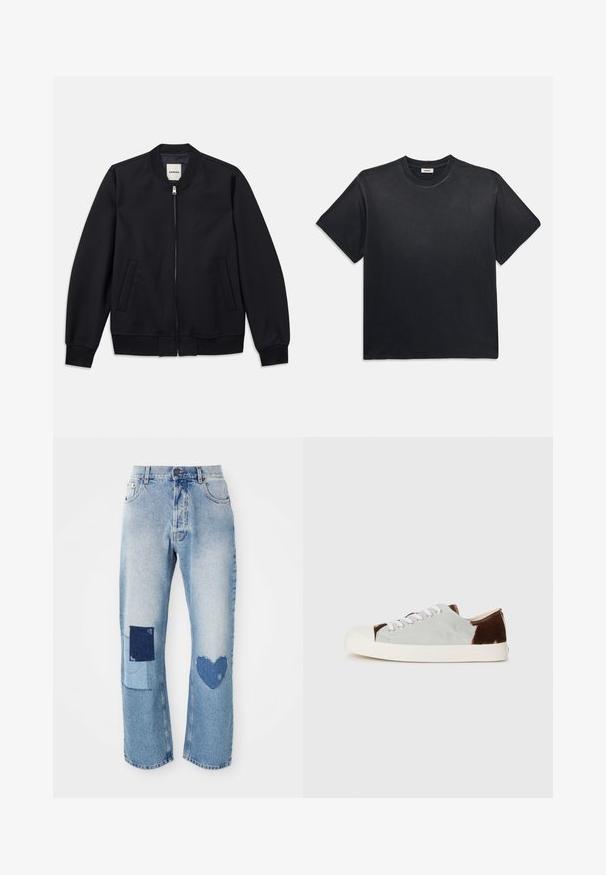 Jachetă de tip bomber marină, fabricată dintr-un material neted, cu fermoar frontal, manșete ribbate și două buzunare laterale. Guler rotund fără glugă.; Tricou negru din bumbac, cu guler rotund și mâneci scurte. Prezintă o croială lejeră, o textură fină și un design minimalist.; Blugi din denim de culoare albastră deschisă, cu o croială dreaptă, având două detalii aplicate: un pătrat și o inimă, ambele în nuanțe mai închise de denim.; Adidași low-top cu un superior din pânză gri și accente din piele suededă maro, șireturi albe și un capac de vârf din cauciuc crem. Talpă plată pentru uz casual.