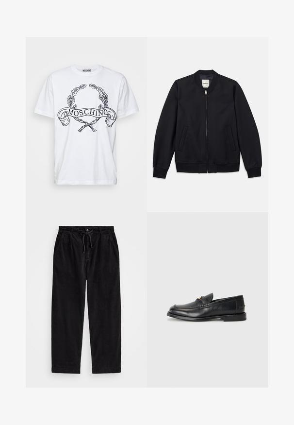 Tumesinine pommitamismantel, mis on valmistatud siledast kangast, esise rihmaga, ribadega mansettidega ja kahe küljetaskuga. Ümar kaelaauk ilma kapuutsita.; Valge puuvillane T-särk musta graafilise kujundusega, millel on laurel pärg ja "MOSCHINO" kiri, lühikesed varrukad ja ümmargune kaelus.; Mustreeritud mustad korduroypassid, millel on vabalt langev lõige, elastse vöökoha ja nööriga, ning küljetaskud. Kangas on ribakujuline.; Mustad mustad nahast loafersid esitlevad ümarat varvast, keerduvaid õmblusi ja väikest kuldset detailet ees. Tallad on lamedad ja diskreetsed.