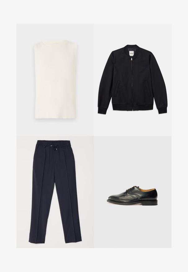 Jūrinis bombonešis, pagamintas iš lygaus audinio, su priekiniu užtrauktuku, pūsto paviršiaus rankovėmis ir dviem šoninėmis kišenėmis. Apvalus iškirptės kraštas be kapucho.; Beždžionė balta ribota palaidinė be rankovių su apvalia iškirpte, pasižyminti lygia tekstūra ir prigludusia forma, tinkama kasdieniam dėvėjimui.; Tamsiai mėlynos kelnės su elastinga juosta ir raišteliu. Su dviem priekinėmis raukšlėmis ir siaurėjančiomis kojomis, suteikiančiomis struktūruotą siluetą.; Juodas odinis suknelės batelis su lygiu paviršiumi, apvalia nosimi ir minimaliai surišamais raišteliais. Joje yra subtilus dizainas ir žemas, tvirtas gumos padas.