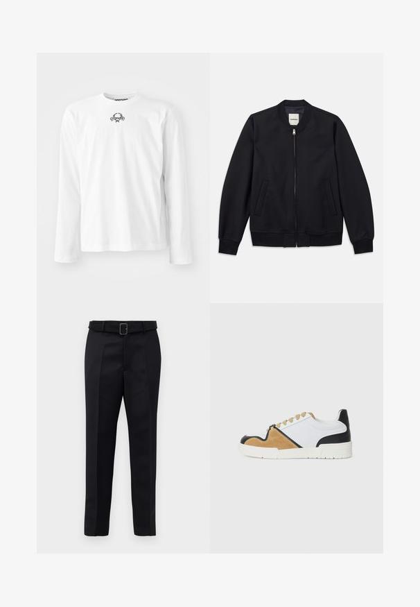 Námornícky bombardér s hladkým materiálom, predným zipsom, rebrovanými manžetami a dvoma bočnými vreckami. Okrúhly výstrih bez kapucne.; Biely dlhý rukáv košele vyrobený z bavlny, s okrúhlym výstrihom a malým čiernym grafickým dizajnom v strede, s manžetami.; Čierne nohavice na mieru majú hladkú tkaninu, rovný strih a opasok s obdĺžnikovou sponou. Výrazné predné skladky zvýrazňujú dizajn.; Tenisky z bieleho textilu s detaily z hnedého semišu a čiernej kože, s okrúhlou špičkou, plochým šnurovaním a textúrovanou podrážkou.