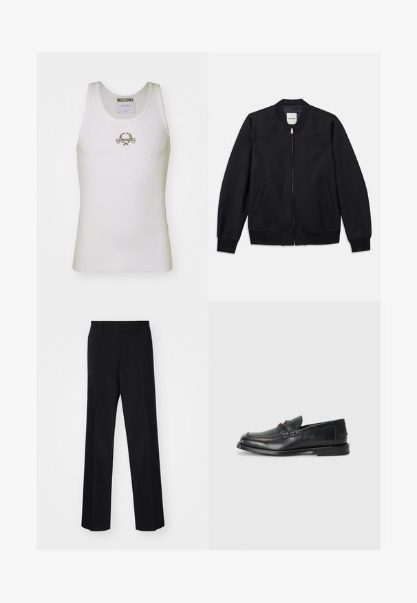 Marine bomberjakke lavet af glat stof med en frontlynlås, ribbede manchetter og to sidelommer. Rund halsudskæring uden hætte.; Hvid ribbet tanktop med et guldbroderet logo med dekorative accenter, rund halsudskæring og uden ærmer.; Sorte skræddersyede bukser med vidde i benene, der har en glat tekstur og skarpe folder, lavet af et vævet stof.; Sorte læder loafers har en afrundet tå, syede detaljer og en lille gylden accent foran. Sålen er flad og diskret.
