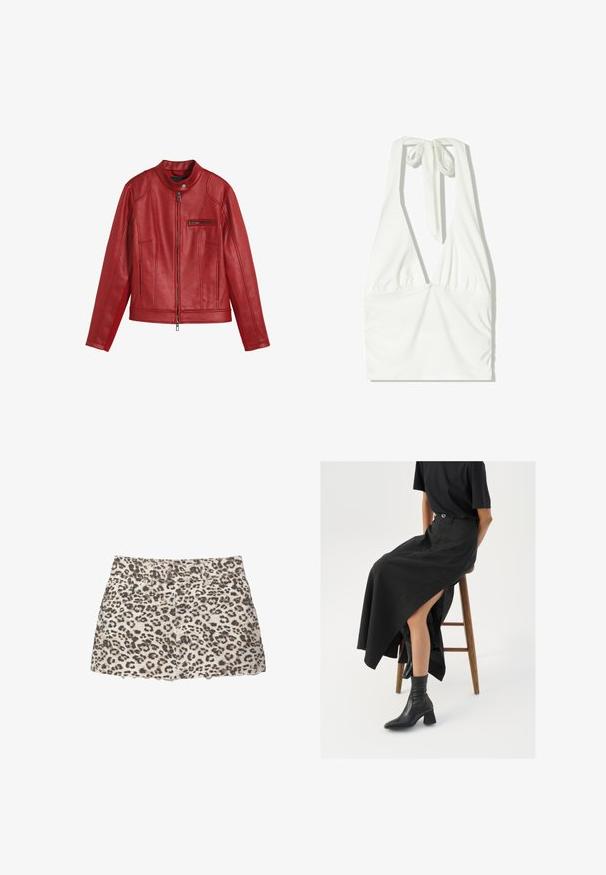 Rød læderjakke med rund krave, frontzip lukning og lynlås lomme. Har vertikale sømme og en glat tekstur.; Hvid halterneck-top med dyb V-udskæring, samlet front og justerbar snøring i nakken. Fremstillet af blødt, struktureret stof.; Leopardmønstret denim mini nederdel med fransede kanter, der har forlommer og et klassisk talje med to metalknapper.; Sort linned maxi-nederdel med en høj slids, båret med en sort t-shirt og sorte ankelstøvler. Minimalistisk design med en afslappet pasform.