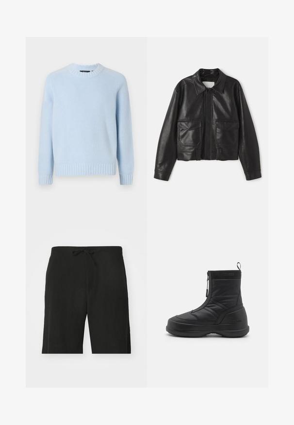 Veste en cuir noir avec un col, fermeture éclair et deux poches plaquées à l'avant. Présente un design court et une texture lisse.; Theory Pullover - skylight; Shorts en lin noirs avec une taille élastique, présentant une coupe décontractée et une longueur jusqu'aux genoux. Texture lisse, style simple et classique.; Botte de neige imperméable noire avec un dessus synthétique lisse, fermeture éclair, col rembourré et semelle en caoutchouc texturé. Accentuée par une marque "MOON BOOT".