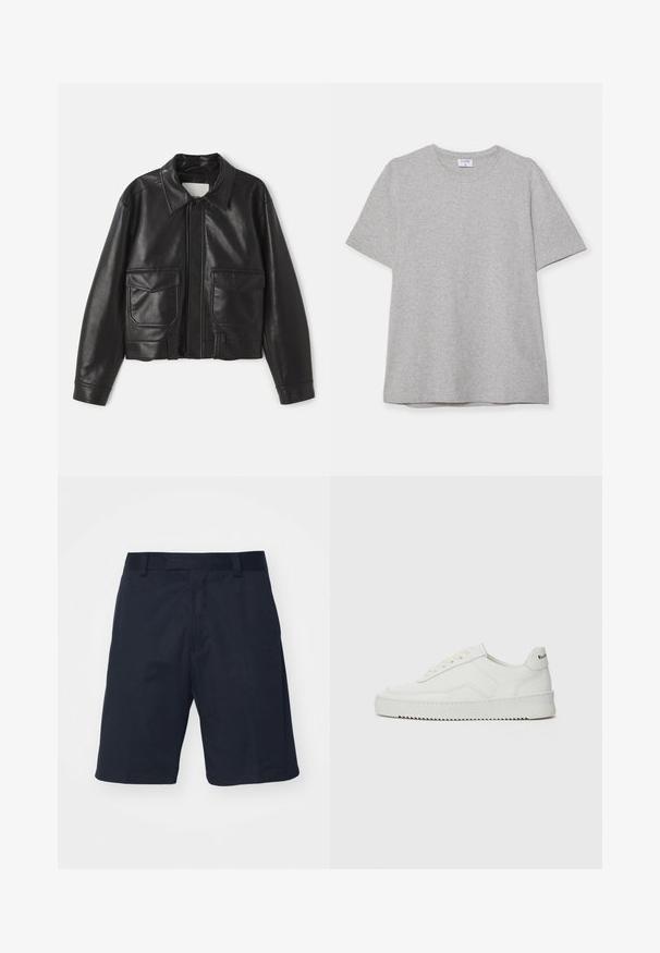 Czarna skórzana kurtka z kołnierzykiem, zapinana na zamek, z dwiema naszytymi kieszeniami z przodu. Posiada krótki krój i gładką teksturę.; Szary krótki rękaw T-shirt wykonany z miękkiego, fakturowanego materiału. Posiada klasyczny okrągły dekolt i prosty dół, idealny do noszenia na co dzień.; Czarne szorty wykonane z gładkiego materiału, z płaskim przodem, szlufkami na pasek oraz długością do kolan, bez widocznych wzorów lub elementów metalowych.; Białe skórzane sneakersy o gładkim wykończeniu, okrągłym nosku, płaskich sznurówkach i teksturowanej podeszwie. Charakteryzują się delikatnym logo na pięcie.