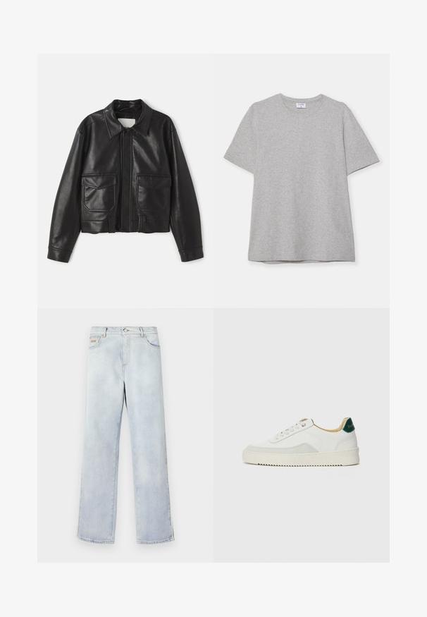 Black leather jacket with a collared neck, zip closure, and two front patch pockets. Features a cropped design and smooth texture.; Gray short-sleeve T-shirt made from soft, textured fabric. Features a classic crew neck and a straight hem, suitable for casual wear.; Light blue denim jeans with a straight leg design, featuring a button closure, five pockets, and contrast stitching.; White sneaker with suede accents, rounded toe, flat laces, and a cream rubber sole. Features green branding on the heel.