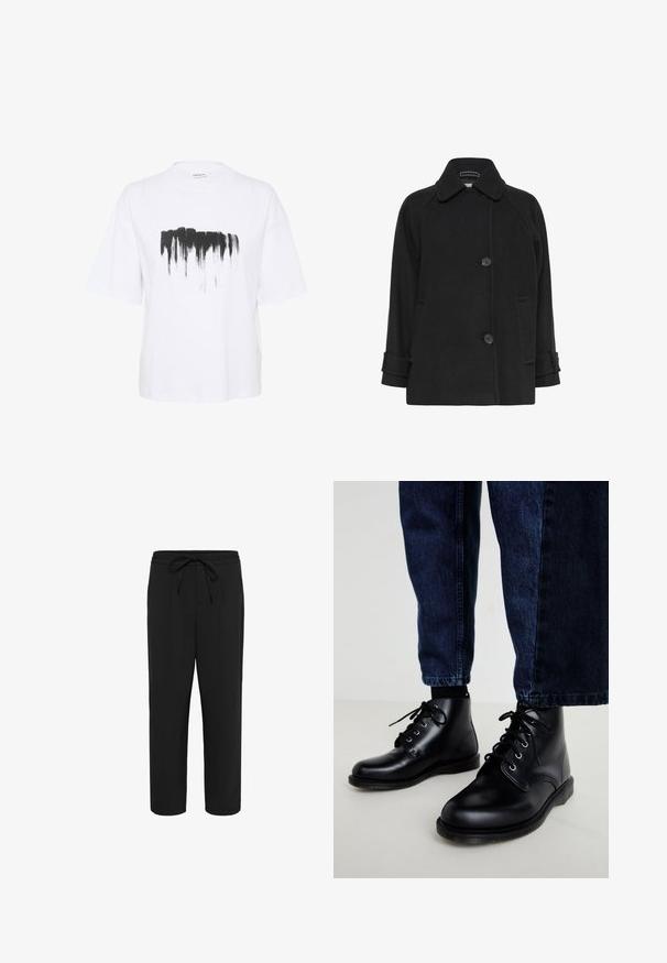 Melna vilnas maisījuma mētelis ar plašu apkakli, dubultiem pogām un sānu kabatām; piedāvā brīvu piegriezumu un piedurknes ar aprocēm.; Balta kokvilnas T-kreklā ar brīvu piegriezumu, ar melnu krāsas slīpsvītru druku uz krūtīm un īsām piedurknēm.; Melnas bikses ar regulējamu jostasvietu, taisnu piegriezumu un sānu kabatām. Gluda auduma virsma ar mīkstu tekstūru un bez redzamām rakstām.; Melnas ādas potītes zābaki ar apaļiem purngaliem, ar auklām un metāla acīm. Valkāti ar tumši zilām džinsu biksēm, ar taisna griezuma formu.