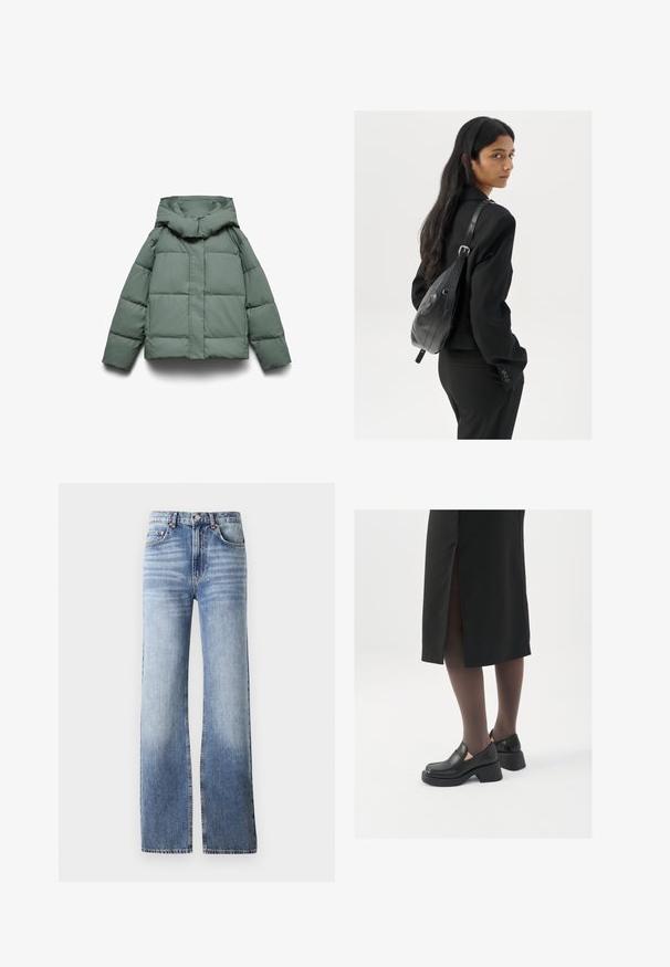 Grön vadderad jacka med stor huva, boxig form, quiltad textur och dragkedja framtill. Inga synliga metall- eller mönsterdetaljer.; Vit ärmlös linne av ribbat tyg, med rundad halsringning och smal silhuett, med minimala sömmar och utan dekorationer.; Ljusblå denimjeans med hög midja, vida ben och subtila blekningar. Har en knappstängning och femficksdesign.; Svarta läderskor med rund tå, tjock klack utan häl och elastiska sidodetaljer, kombinerat med mörka strumpbyxor och en svart kjol med slits.; Kvinna med långt mörkt hår, klädd i en svart dräkt, bärandes en svart läderaxelväska, tittar över axeln mot en vit bakgrund.; Silverfärgade hoopörhängen med en minimalistisk design. Cirkulär form, slät yta och tunn profil. Lätta med en polerad finish.