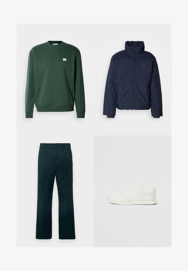 Navy quilted puffer jacket with high collar and full front zipper. Features zippered side pockets and ribbed cuffs for extra warmth.; Green sweatshirt made of cotton blend, featuring a crew neckline and ribbed cuffs. Small logo patch on the chest. Smooth texture.; Dark green straight-leg trousers with belt loops, side pockets, and a button closure on a plain white background.; White sneaker with a mesh and synthetic upper, round toe, flat laces, and a textured side stripe. Rubber sole with a pull tab at the back.